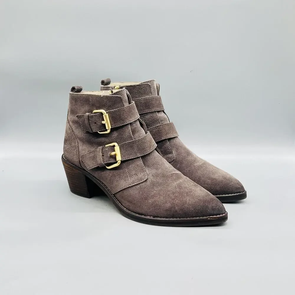Boden Boots Womens 9.5 Brown Suede Ankle Buckle Zip Block Heel Booties Shoes